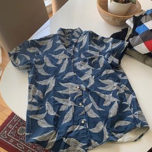 J Crew Blue Large Floral Button Down - two stains noted in photos.